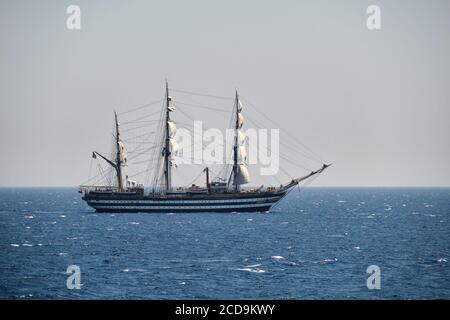 Sicily, Italy - August 12 2020: The Italian navy sail training ship Amerigo Vespucci sailing the Mediterranean Sea Stock Photo