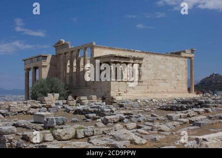 ATHENS, GREECE - AUGUST 13 2016: The famous caryatids of Athens Acropolis Stock Photo