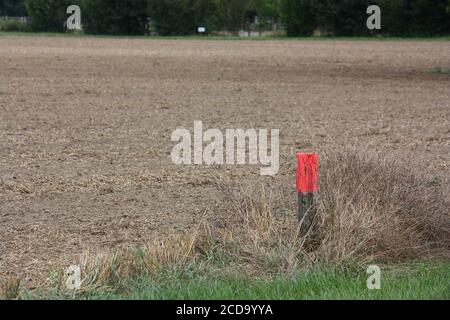 Wooden stake with red paint pegged on the ground at a field Stock Photo