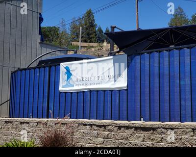 Sign on facade at Harriet Plummer Aquatic School, Lafayette, California, July 14, 2020. () Stock Photo