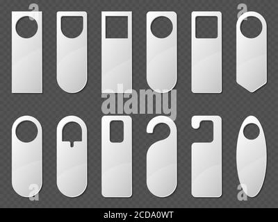 Door hangers mockup set. Blank paper or plastic empty labels of various shapes for hotel doorknob room, dont disturb signs, messages on entrance knobs, Realistic 3d vector illustration, icons, mock up Stock Vector