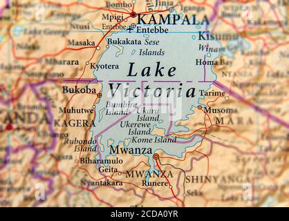 Geographic map of Uganda with capital city Kampala and Lake Victoria Stock Photo