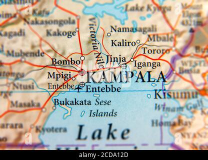 Geographic map of Uganda with capital city Kampala Stock Photo