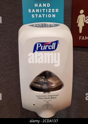 Close-up of Purell brand hand sanitizer dispenser, Concord, California, July 9, 2020. () Stock Photo