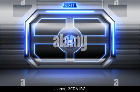 Metal door with exit sign, neon glowing and panel with buttons for password insert. Sliding gates in spaceship . shuttle or secret laboratory entrance, ski-fi bunker. Realistic 3d vector illustration Stock Vector