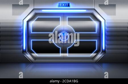 Metal door with exit sign, neon glowing and panel with buttons for password insert. Sliding gates in spaceship . shuttle or secret laboratory entrance, ski-fi bunker. Realistic 3d vector illustration Stock Vector