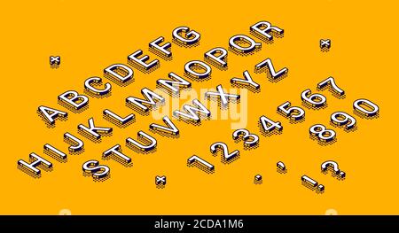 Isometric alphabet, numbers and punctuation marks lying in row on yellow background. Abc uppercase letters and digits typography 3d elements, signs, symbols. Vector characters in line art style Set Stock Vector