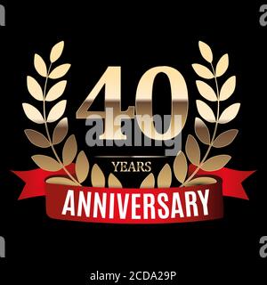 40 Years Anniversary Golden Template with Red Ribbon and Laurel wreath Vector Illustration Stock Vector