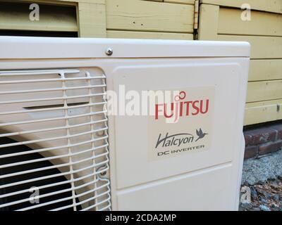 Close-up of logo for Fujitsu and Halycon on HVAC equipment, Danville, California, August 10, 2020. () Stock Photo