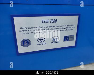 Pump with logos is visible at True Zero hydrogen fuel cell filling station in Marin County, Mill Valley, California, August 16, 2020. () Stock Photo