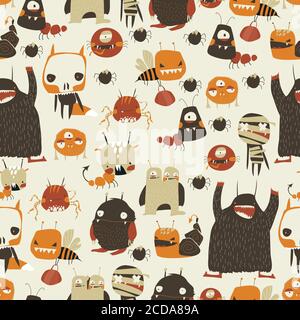 Seamless pattern with cute colorful monsters on white background Stock Vector