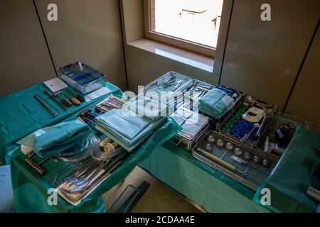 in an operating room there are many instruments for performing a hip implantation Stock Photo