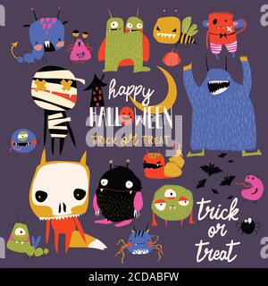 Set of cute colorful monsters. Happy Halloween Stock Vector