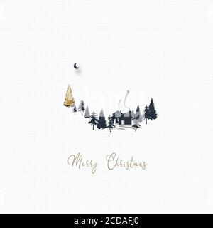 Beautiful minimalist Christmas 2021 New Year winter landscape with houses, moon, pine fir and gold Christmas tree on white background. Text Merry Christmas. Design, poster. 3D Illustration Stock Photo