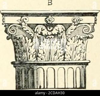 . Pompeii : its life and art . Fig. 242. — Capitals of columns, showing variations from typical forms.A. Ornate Doric, from the house of Sallust. B. Modified Corinthian. C. Fantastic Corinthian. actionary. The latter tendency manifests itself so strongly atPompeii that it merits special comment. First in the East, it appears, men wearied of seeing the orna-mental forms of the Greek religious architecture repeated overand over again in every kind of building, and attempted tobreak away from them entirely. The reaction reached Italy inthe earlier years of the Empire, and began to exert an influe Stock Photo