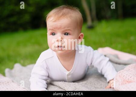 cute baby crawling in park on green grass, concept of walking outdoors, playing in park Stock Photo