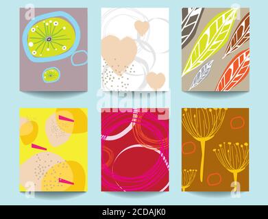 Brightly coloured abstract floral based scandinavian art templates with floral and geometric elements. Suitable for social media posts, mobile apps, b Stock Photo