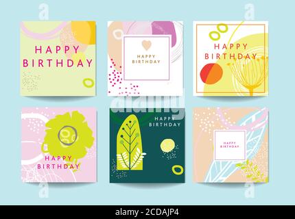 Modern abstract floral based scandinavian abstract art inspired cards with floral and geometric elements. Stock Photo