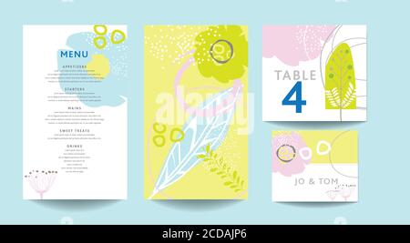 Modern abstract floral based scandinavian abstract art inspired menu, templates, place cards and table numbers with floral and geometric elements. Stock Photo