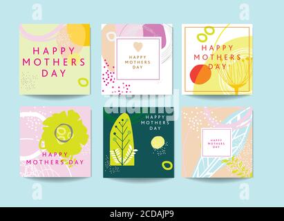 Modern abstract floral based scandinavian abstract art inspired cards for mothers day with floral and geometric elements, set of 6. Stock Photo