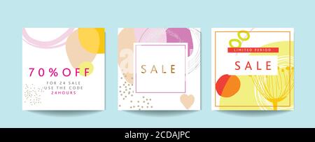 Brightly coloured abstract floral based scandinavian art square templates with floral and geometric elements. Suitable for social media posts, mobile Stock Photo