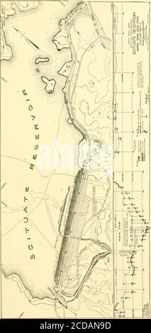 . Journal of the New England Water Works Association . ived for original interments, $500, netcost of maintenance $2 300. Development of new grounds $15 800, mov-ing bodies, head stones, monuments, etc., $17 100. Total $35 200. Costof land $1 700. Total cost including land $36 900. Cost per body movedfrom old grounds $23.09. The above costs do not include administration,engineering, or fencing, which may later be necessary. Main Dam and Dike. The accompanying plans, Plates II and III, show the main featuresin the design of these structures. The cross sections of the valley, the character and d Stock Photo