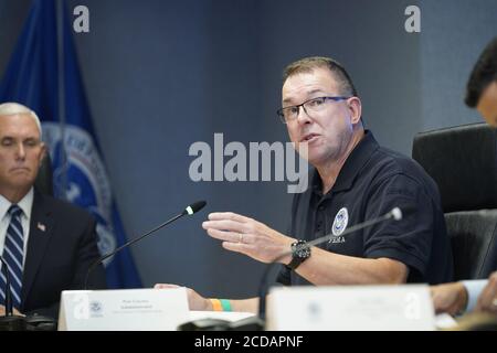 Pete Gaynor, Administrator, Federal Emergency Management Agency (FEMA), center, speaks as US President Donald J. Trump and Vice President Mike Pence visit the Federal Emergency Management Agency (FEMA) headquarters in Washington, DC for a briefing on Hurricane Laura on Thursday, August 27, 2020.Credit: Erin Scott/Pool via CNP /MediaPunch Stock Photo