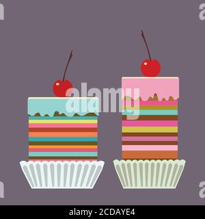 Set of tasty creamy cakes with cherries. Stock Vector