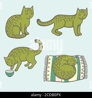 Cute cartoon tabby cat in various situations, eating, sleeping and sitting.  Stock Vector