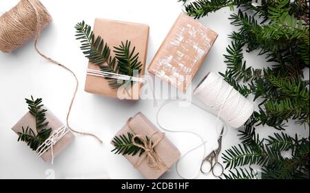 Hand made gifts for Christmas on white table Stock Photo