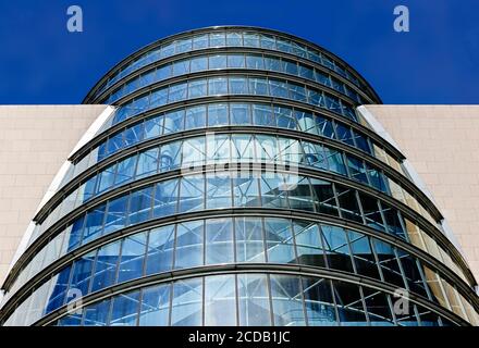 Looking up at the Convention Centre Dublin (CCD) designed by Irish architect Kevin Roche. Docklands. Dublin, Ireland, Europe. Cloudless, Copy space. Stock Photo
