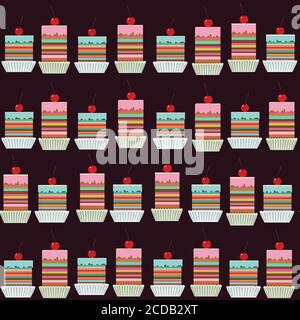 Seamless pattern with tasty creamy cakes with cherries. Stock Vector