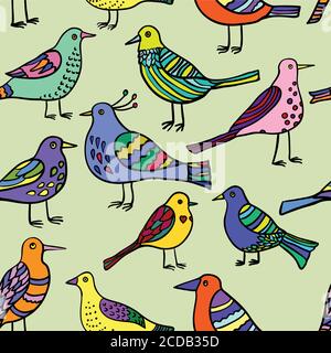 Seamless pattern with cute cartoon doodle birds. Stock Vector