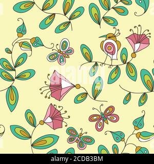 Cute seamless pattern with flowers birds and butterflies Stock Vector