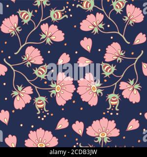 Seamless pattern with cute vintage meadow flowers  Stock Vector