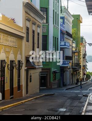 Colorfully painted houses in the historic colonial city of Old San Juan, Puerto Rico. Stock Photo