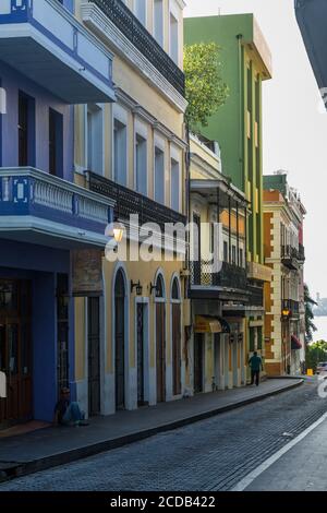 Colorfully painted houses in the historic colonial city of Old San Juan, Puerto Rico. Stock Photo