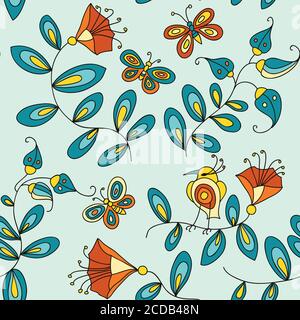 Cute seamless pattern with flowers birds and butterflies Stock Vector
