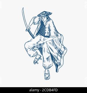 Japanese samurai warriors with weapons sketch. Men in a fight pose. Hand drawn vintage sketches. Vector illustration in monochrome style. Stock Vector