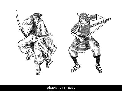 Japanese samurai warriors with weapons sketch. Men in a fight pose. Hand drawn vintage sketches. Vector illustration in monochrome style. Stock Vector