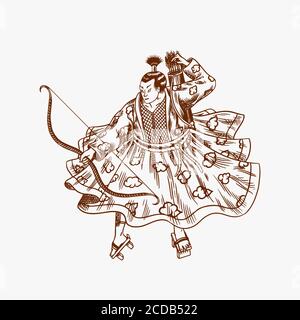 Japanese samurai warriors with weapons sketch. Men in a fight pose. Hand drawn vintage sketches. Vector illustration in monochrome style. Stock Vector