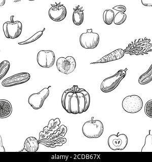 Seamless pattern with hand drawn fruits and vegetables  Stock Vector
