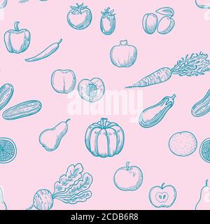 Seamless pattern with hand drawn fruits and vegetables  Stock Vector