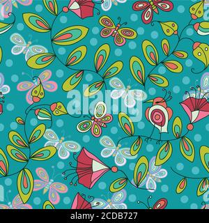 Cute seamless pattern with flowers birds and butterflies Stock Vector