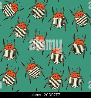 Seamless pattern with potato beetles on green background. Stock Vector