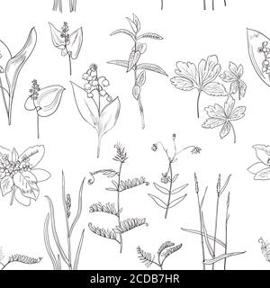 Seamless pattern with vintage original line art realistic forest plants. Stock Vector