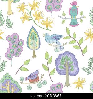 Cute fairy pattern with fantasy birds and floral elements  Stock Vector