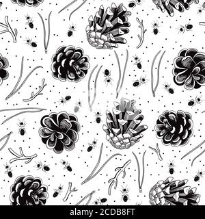 Line art realistic pine cone seamless pattern  Stock Vector