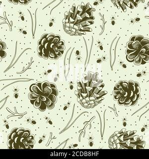 Line art realistic pine cone seamless pattern  Stock Vector