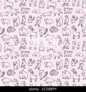 Seamless pattern with cute cartoon doodle animals Stock Vector